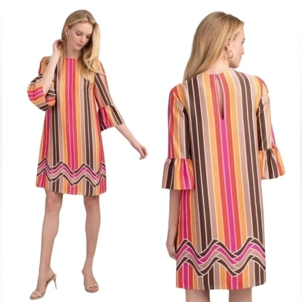 TRINA TURK Raquel Dress Mini Striped Shift Retro Bell Sleeves NEW Size 2